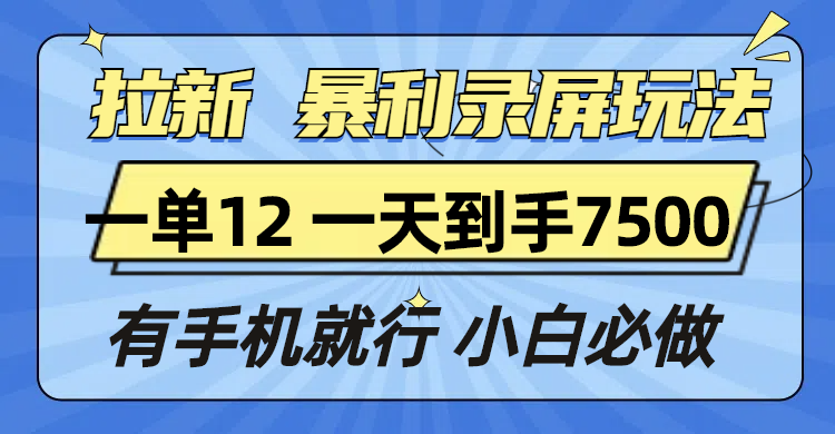 拉新暴利录屏玩法，一单12块，一天到手7500，有手机就行-随风资源网