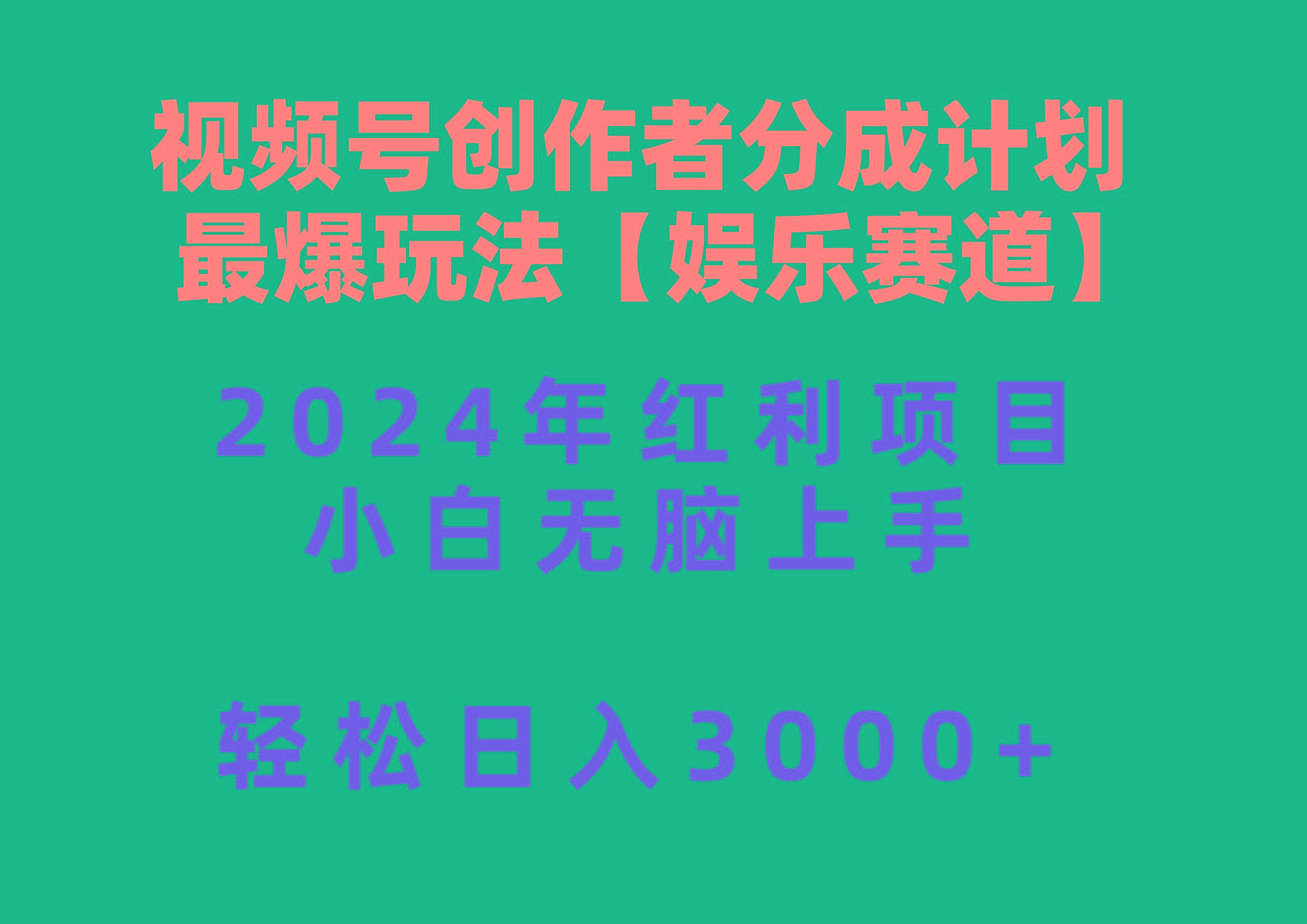 视频号创作者分成2024最爆玩法【娱乐赛道】，小白无脑上手，轻松日入3000+-随风资源网