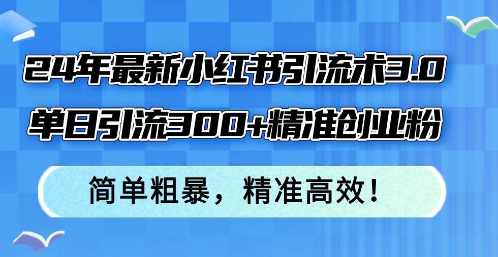 24年最新小红书引流术3.0，单日引流300+精准创业粉，简单粗暴，精准高效！-随风资源网