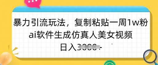 暴力引流玩法，复制粘贴一周1w粉，ai软件生成仿真人美女视频，日入多张-随风资源网