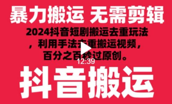 2024最新抖音搬运技术，抖音短剧视频去重，手法搬运，利用工具去重，达到秒过原创的效果【揭秘】-随风资源网