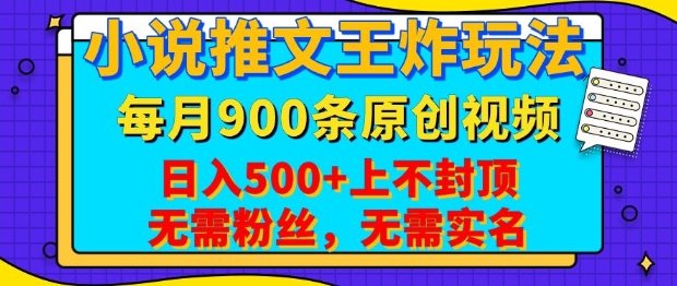 小说推文王炸玩法，一键代发，每月最多领900条原创视频，播放量收益日入5张，无需粉丝，无需实名【揭秘】-随风资源网