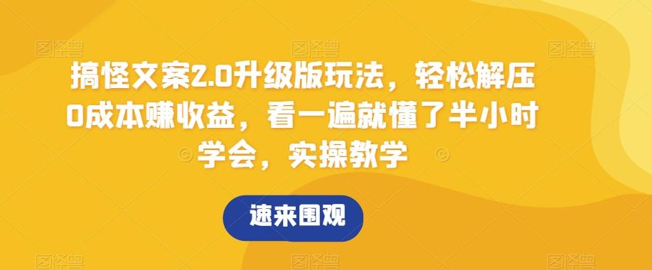搞怪文案2.0升级版玩法，轻松解压0成本赚收益，看一遍就懂了半小时学会，实操教学【揭秘】-随风资源网