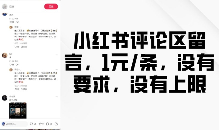 小红书评论区留言，1元条，没有要求，没有上限-随风资源网
