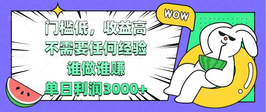 门槛低，收益高，不需要任何经验，谁做谁赚，单日利润3000+-随风资源网