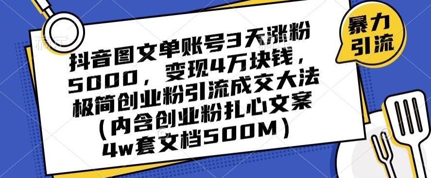 抖音图文单账号3天涨粉5000，变现4万块钱，极简创业粉引流成交大法-随风资源网