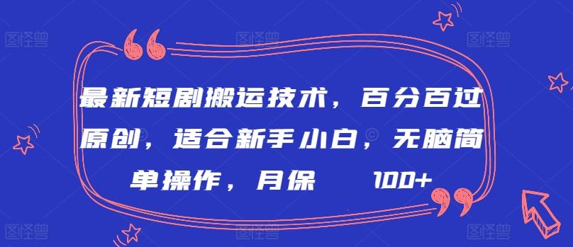 最新短剧搬运技术，百分百过原创，适合新手小白，无脑简单操作，月保底2000+【揭秘】-随风资源网