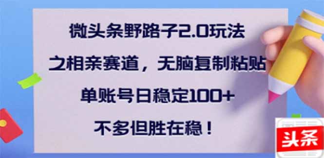 微头条野路子2.0玩法之相亲赛道，无脑搬砖复制粘贴，单账号日稳定300+…-随风资源网