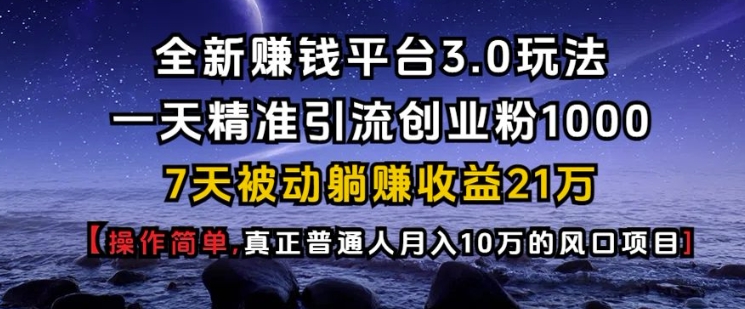全新赚钱平台3.0玩法一天精准引流创业粉1000.7天被动躺Z收益21W【仅揭秘】-随风资源网