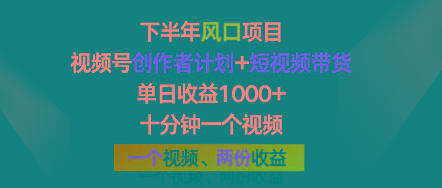下半年风口项目，视频号创作者计划+视频带货，单日收益1000+，一个视频两份收益-随风资源网