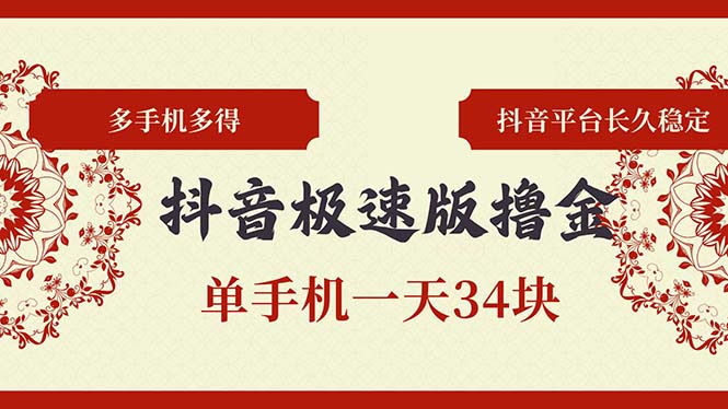 抖音极速版撸金 单手机一天34块 多手机多得 抖音平台长期稳定-随风资源网