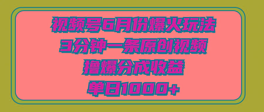 视频号6月份爆火玩法，3分钟一条原创视频，撸爆分成收益，单日1000+-随风资源网