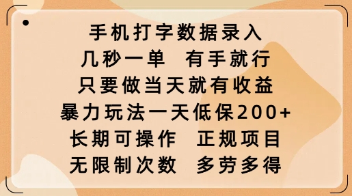 手机打字数据录入，几秒一单，有手就行，只要做当天就有收益，暴力玩法一天低保2张-随风资源网
