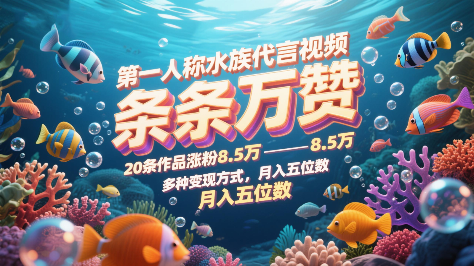 第一人称水族代言视频，条条万赞，20条作品涨粉8.5万，多种变现方式月，入五位数-随风资源网
