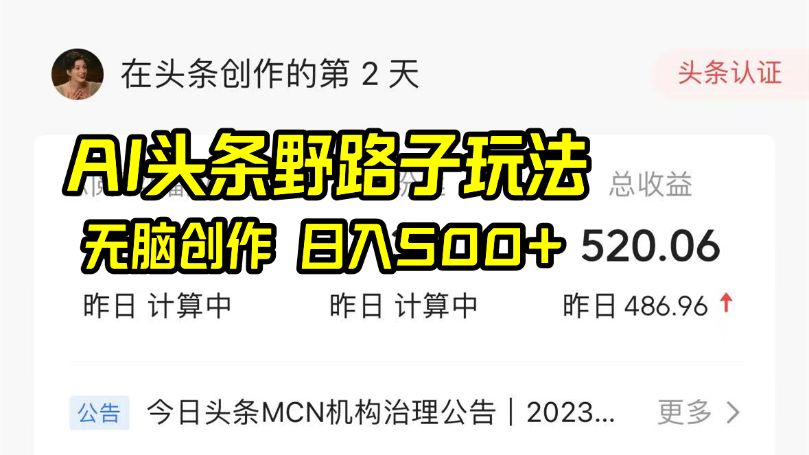 AI头条野路子玩法，无脑创作，日入500+-随风资源网