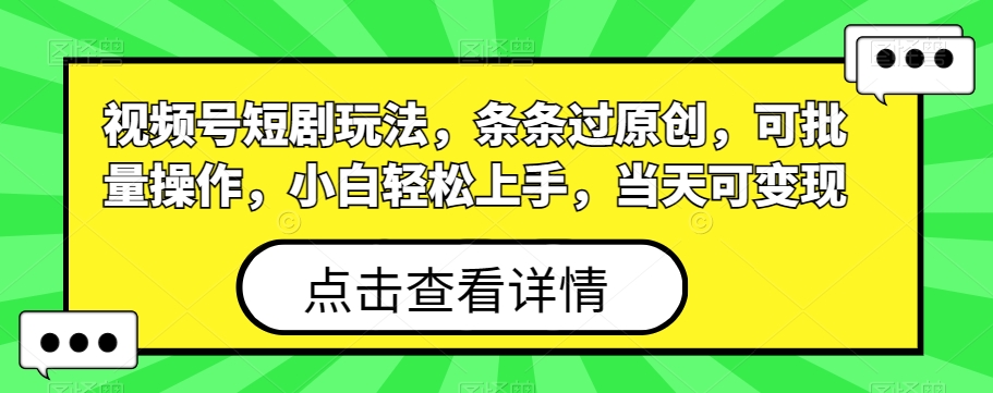 视频号短剧玩法，条条过原创，可批量操作，小白轻松上手，当天可变现-随风资源网